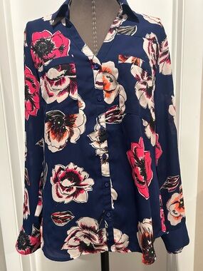 Express shirt button down blouse floral print women’s medium blue pink white top